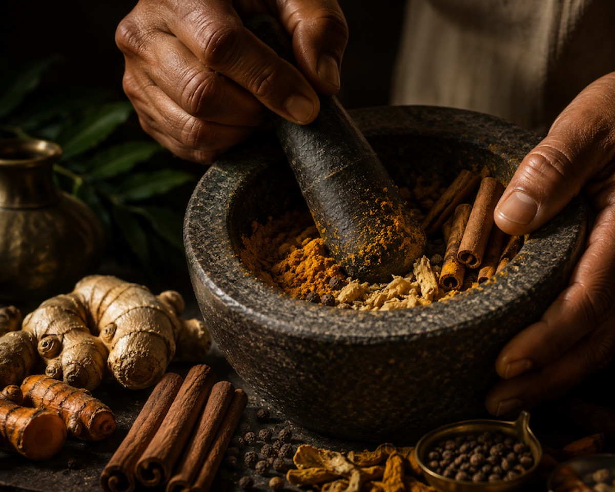 Hand-blending spices for Pepper Coast